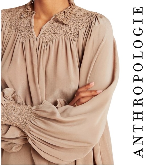 Anthropologie Love Sam Lissa Silk Peasant Blouse Embroidered Smocked Tan Sz XS - Picture 15 of 16